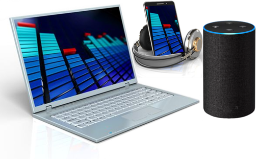 open laptop with multcolored bars on the screen to show audio playing