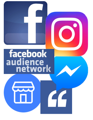 Facebook, Instagram, Messenger icons are collaged together on a white background