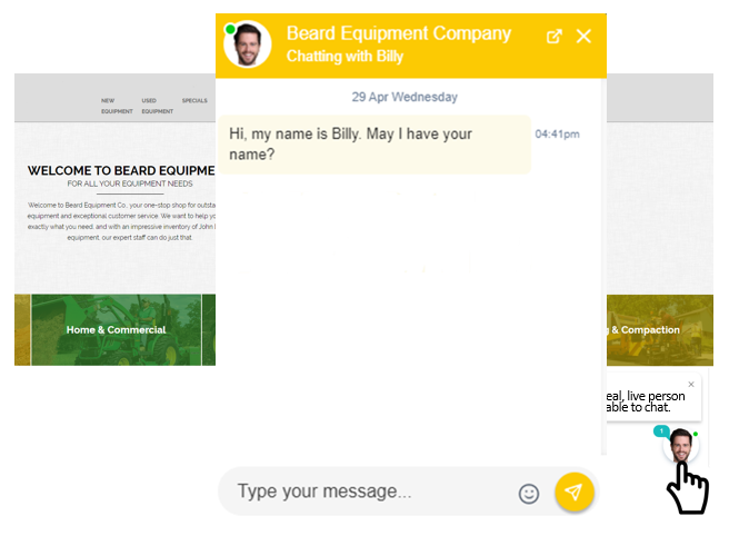 a popup text box appears where a customer can chat with a representative